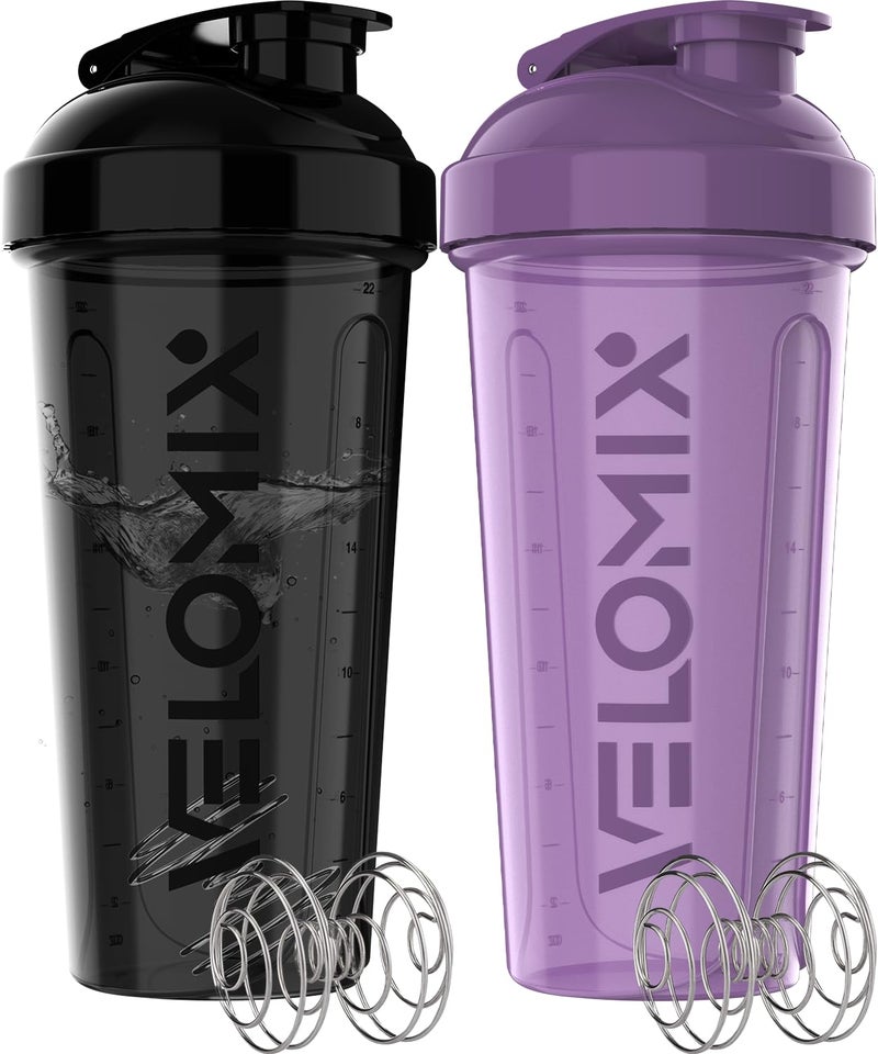VELOMIX 2 Pack 28 oz Protein Shaker Bottles for Protein Mixes 2x Wire Whisk Leak Proof Shaker Cups for Protein Shakes Protein Shaker Bottle Pack Shakers for Protein ShakesPurpleBlack